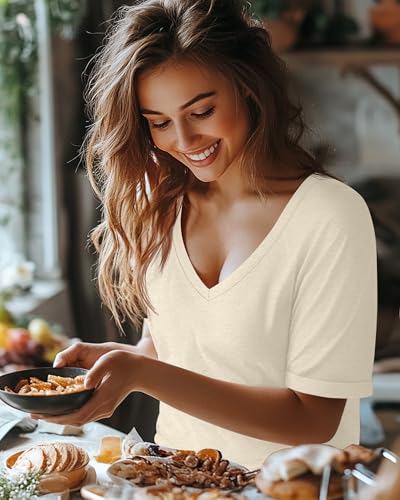 Huukeay 3 Pack Women's Oversized T Shirts, V Neck Loose Fit Rolled Sleeves Tops Cotton Shirts Summer Half Sleeves Tee4