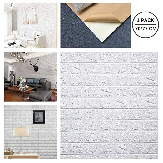Image of Plastic 3D Embossed Washable PE Foam DIY Self Adhesive Brick Wall Sticker for Bedrooms, Living Room, Kids Room, Office (White, 70 x 77 cm, 5.8 sqft) (5)