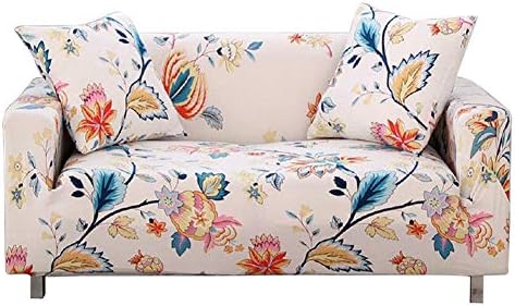 HOTNIU Stretch Sofa Cover Printed Couch Covers Loveseat Slipcovers for 2 Cushion Couches Sofas Elastic Universal Furniture Protector with 1 Pillowcase (Medium, White Flower)