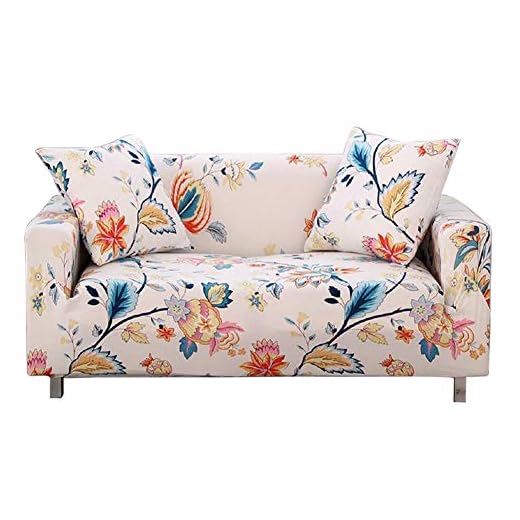 HOTNIU Stretch Sofa Cover Printed Couch Covers Loveseat Slipcovers for 2 Cushion Couches Sofas Elastic Universal Furniture Protector with 1 Pillowcase (Medium, White Flower)