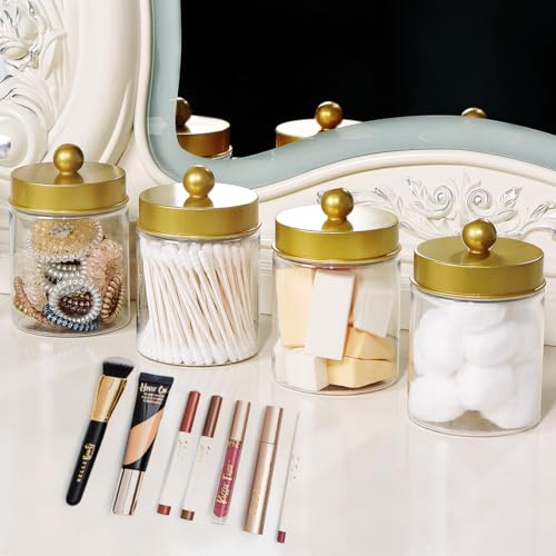 Amolliar Qtip Holder Dispenser - 8 oz Plastic Apothecary Jar Containers for Vanity Makeup Countertop Organizer Storage -Bathroom Canister Accessories Set for Cotton Swab, Ball, Pads, Floss-Gold (4) - Thumbnail 4