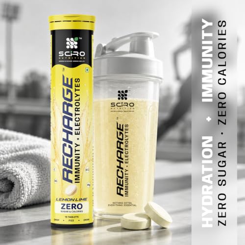 Image of SCIRO Recharge Electrolyte Tablets Zero Sugar | Instant Hydration & Energy Drink with Electrolytes | Sports Performance & Recovery | Vitamin C, E, B6 & B12 | Lemon Flavour | 15 Effervescent Tablets