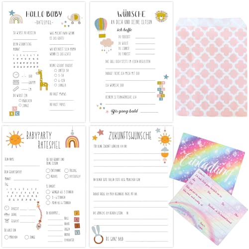 69 Pezzi Arco Iris Giochi Carte Set, Baby Shower Carte per Party Pre-nascita, Lindo Impresión a Doble Cara per Gender Reveal Party, Giochi Baby Shower Carte per Bambino e Bambina