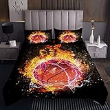 Basketball Tagesdecke 170x210cm Sportthema Steppdecke für Kinder Jugendliche 3D Burning Ball Muster Design Bettüberwurf Wettkampfspiele Wohndecke 2St
