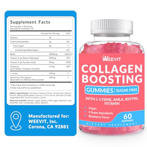 WEEVIT Collagen Boosting Gummies, Vegan Collagen Gummies for Women with L-Lysine, Amla, Biotin, Vitamin C, A, E, Collagen Booster Gummies Supplement for Hair Skin Nails & Joint