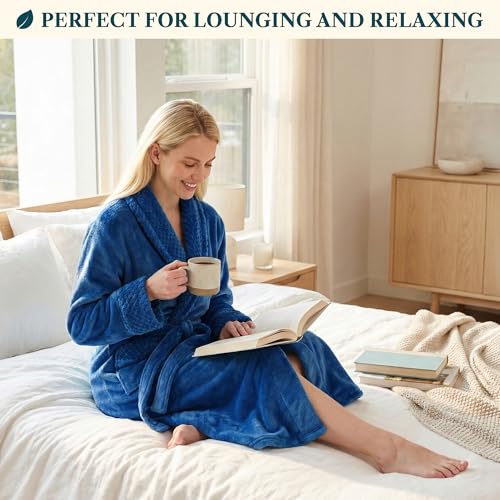 Image of PAVILIA Women's Plush Fleece Robe, Soft Cozy Long Bathrobe with Satin Waffle Trim, Warm Lightweight, Pockets & Tie Belt