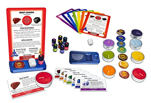 Chakra Healing: Altar and Meditation Kit (41 pc): Engraved Chakra Symbols Stones, Chakra Healing Cards, Essential Oil Blends, Scented Candles, Stone ID Cards, Selenite Crystal, Altar Base