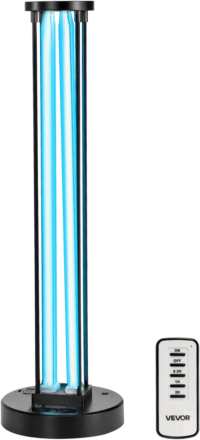 VEVOR UV Light, 110W Ultraviolet Lamp with Ozone Purifier, UVC Lamp with 30/60/120 Minutes 3-Gear Timer and Remote Control, for Room up to 600 sqft, UVO Lights for Living Room, Bedroom, Hotel, School 100W