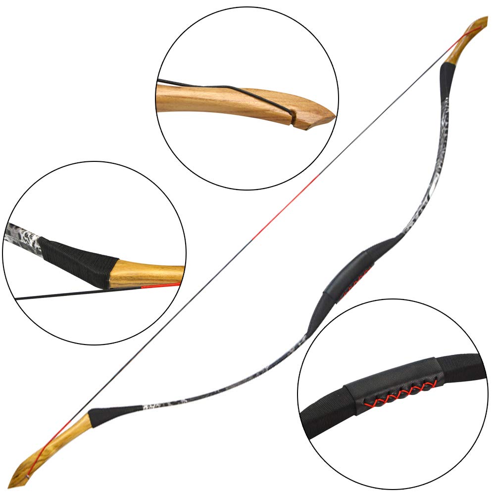 Arc Long Traditionnel à la Main en Bois en Cuir Longbow 25-40 lbs Arc Recurve Tir a l'arc Arc de Chasse Arc à la Main Mongole Pratique de tir à l'arc