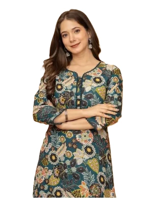 Women's Cotton Floral Print Kurta Pant Set, Teal Blue with Paisley Pattern, 3/4 Sleeve Traditional Indian Ethnic Wear-image-12