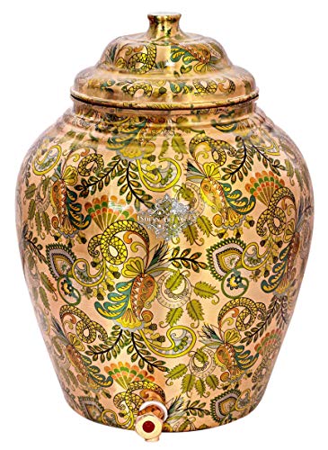 Image of Indian Art Villa Printed Design Copper Water Dispenser Pot Matka, Stoarage, Home Garden, 6 LTR, Light Brown