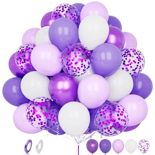 Purple White Balloons 60 pcs 12 Inch Pastel Matte Lilac White Metallic Lavender Confetti Latex Balloons with Ribbon For Women Birthday Baby Shower Wedding Anniversary Gender Reveal Party Decoration