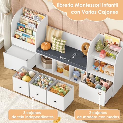 FOREHILL Mueble Almacenaje Juguetes Librería Infantil Montessori Estantería Infantil para Jugetes de 4 Niveles, con Cojín de Asiento, 2 Cajones para Dormitorios Guardería, Blanco 180.5x35.2x80cm - imagen 5