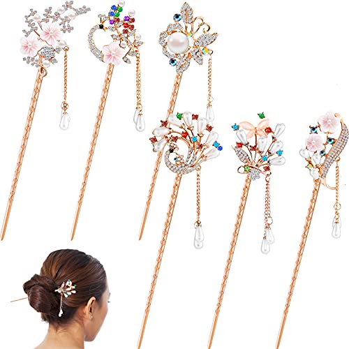 6 Pieces Rhinestone Flower Hair Stick Pearl Hair Chopsticks Flower Crystal Hair Sticks Vintage Chinese Hair Chopsticks Tassel Hair Pin Chignon Pin Long Hair Decor Accessories for Women Girls