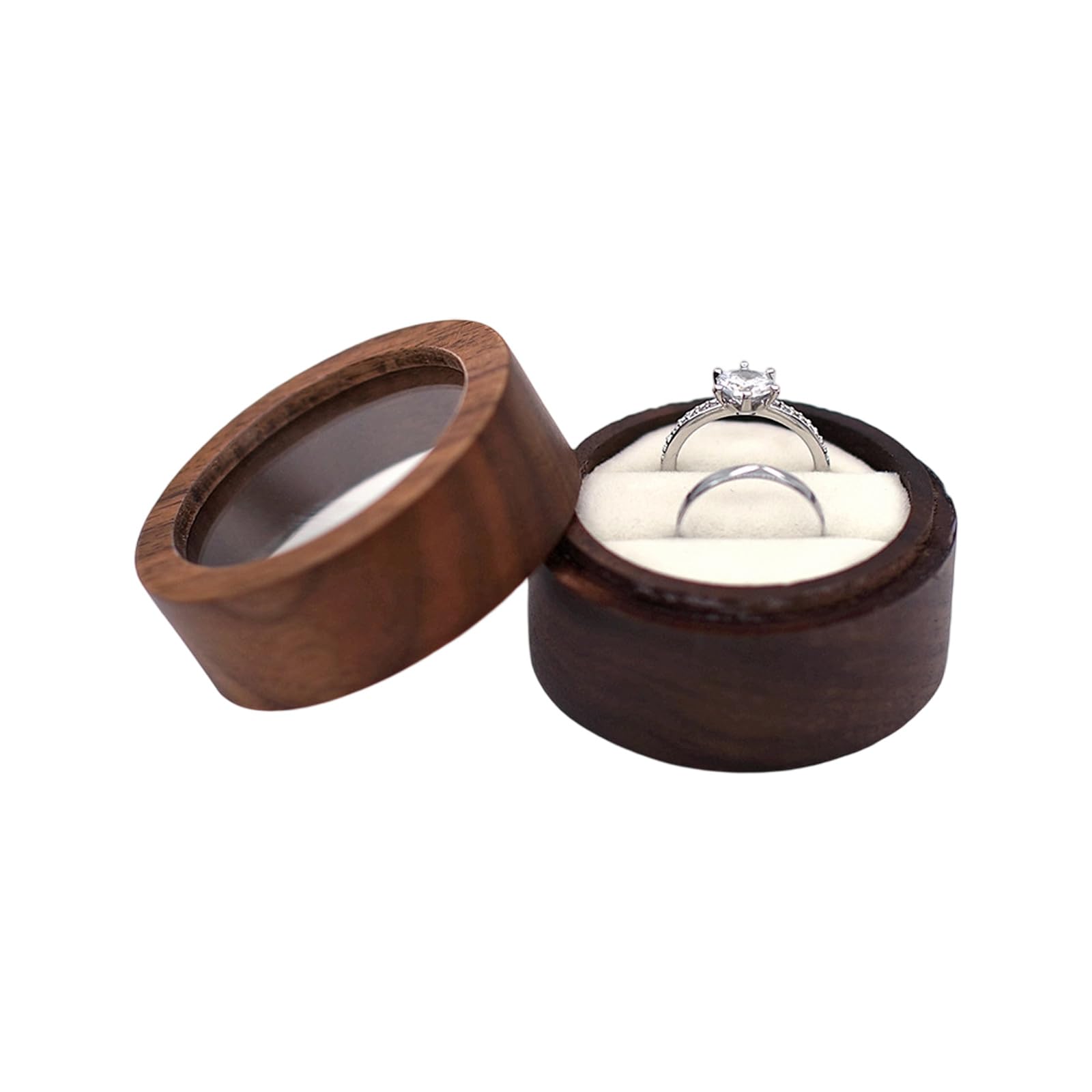 Tsophreniq Jj Round Wood Rings Holder Wedding Rings Display Case Jewellery Organiser Storage Chest For Engagement Proposal Anniversary Container