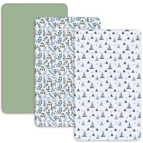 Image of AMROSE 3 Pack Soft Mini Crib Sheets, Microfiber Pack N Play Sheets Set for Baby, Silk Touch Gentle Playard Sheet Portable Crib Sheet, Pine Tree and Eucalyptus
