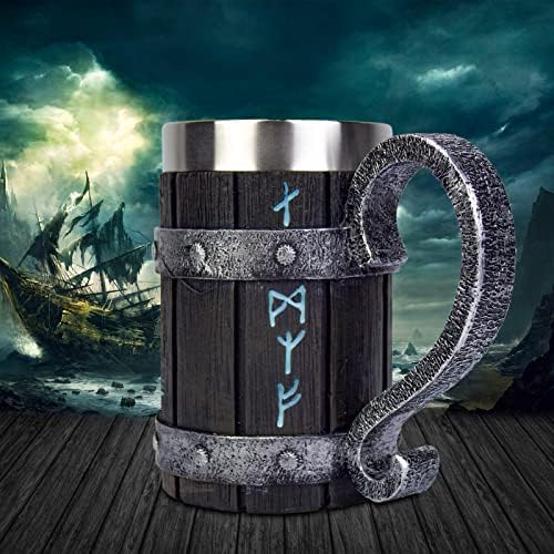 Nordic Viking Rune Beer Glasses Jug Stainless Steel Wood Resin 3D Norse Decoration Coffee Cool Gothic Beer Tankard Stone Cup Mugs