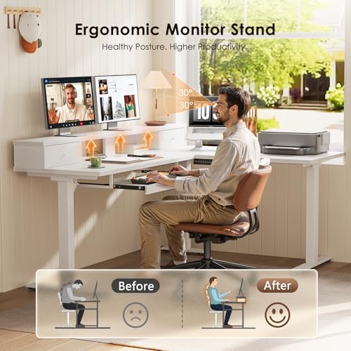 Image of OffiGo 59 Inch L Shaped Electric Standing Desk with Drawers, White