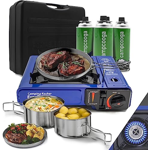Hornillo de gas Everflame 2,3 kW, incluye cartuchos y juego de cocina