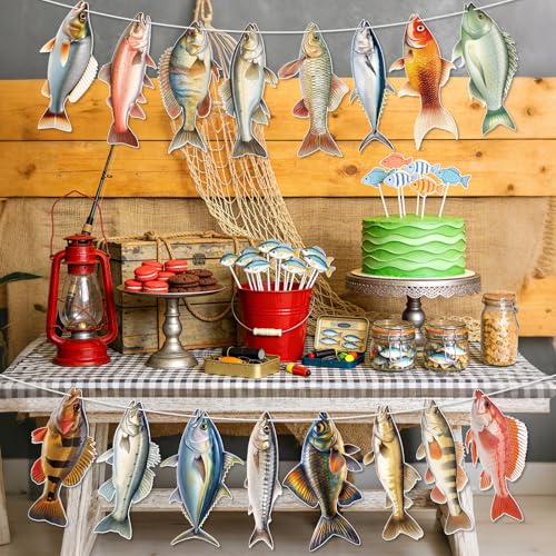 Image of Hooqict Fishing Hanging Banner Garland Fish Birthday Party Banner for Fish Birthday Party Decorations Gone Fishing Party Supplies Under The Sea Baby Shower Retirement Fathers Day Decorations