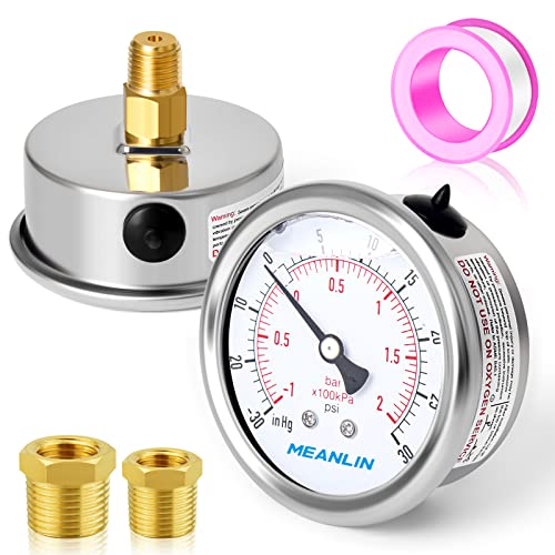Image of MEANLIN MEASURE -30inHG~30Psi Stainless Steel 1 /8 inch NPT 2.5 inch FACE DIAL Vacuum Pressure Gauge, Center Back Mount, with 1 /4 inch NPT and 3 /8 inch NPT Hex Bushing