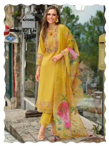Image of INDO ERA Women's A-Line Silk Blend Floral Embroidered Kurta & Pant with Dupatta Set (IEOUT10970)