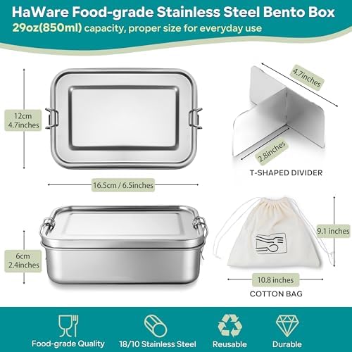 HaWare Stainless Steel Bento Box, 29oz (850ML) Leak-Proof Lunch Box for Kids Adults, 3 Compartments Food Containers with Removable Dividers and Bag, Metal Lunch Containers for Snack Meal Sandwich - Thumbnail 4