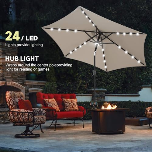 Image of 10ft Solar Patio Umbrella - Outdoor Umbrella with Centre Surround Light 24 LED Lights, Market Table Umbrella with Tilt for Pool, Porch, Garden, Deck, Backyard UV Protection (Taupe)