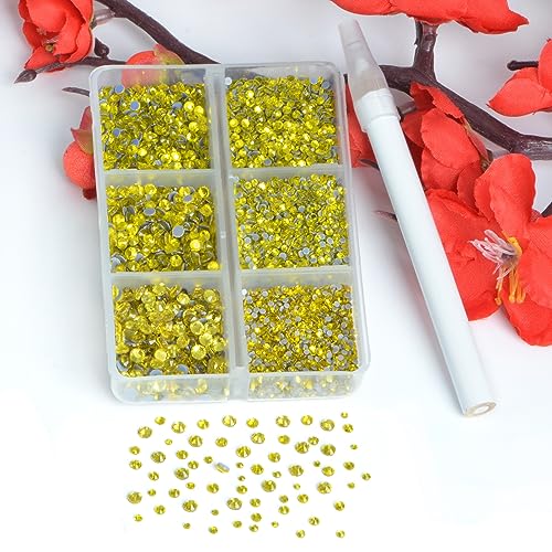 Image of Bymitel Hotfix Crystal Rhinestones Round Gems for Crafts,Mixed 6 Sizes with Wax Pencil Kit, Citrine1.3-3.2mm(SS3-SS12 /8000pcs)
