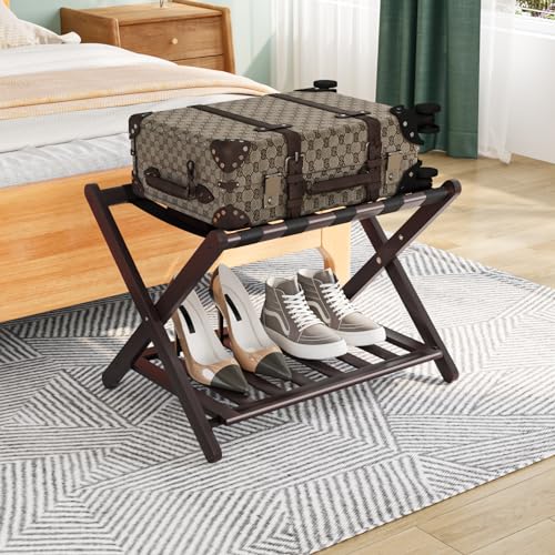 Image of Smuxee Fully Assembled Brown Luggage Rack, Upgraded Bamboo Foldable Suitcase Stand with 5 Nylon Straps, Luggage Holder with Shelf for Guest Room Bedroom Hotel