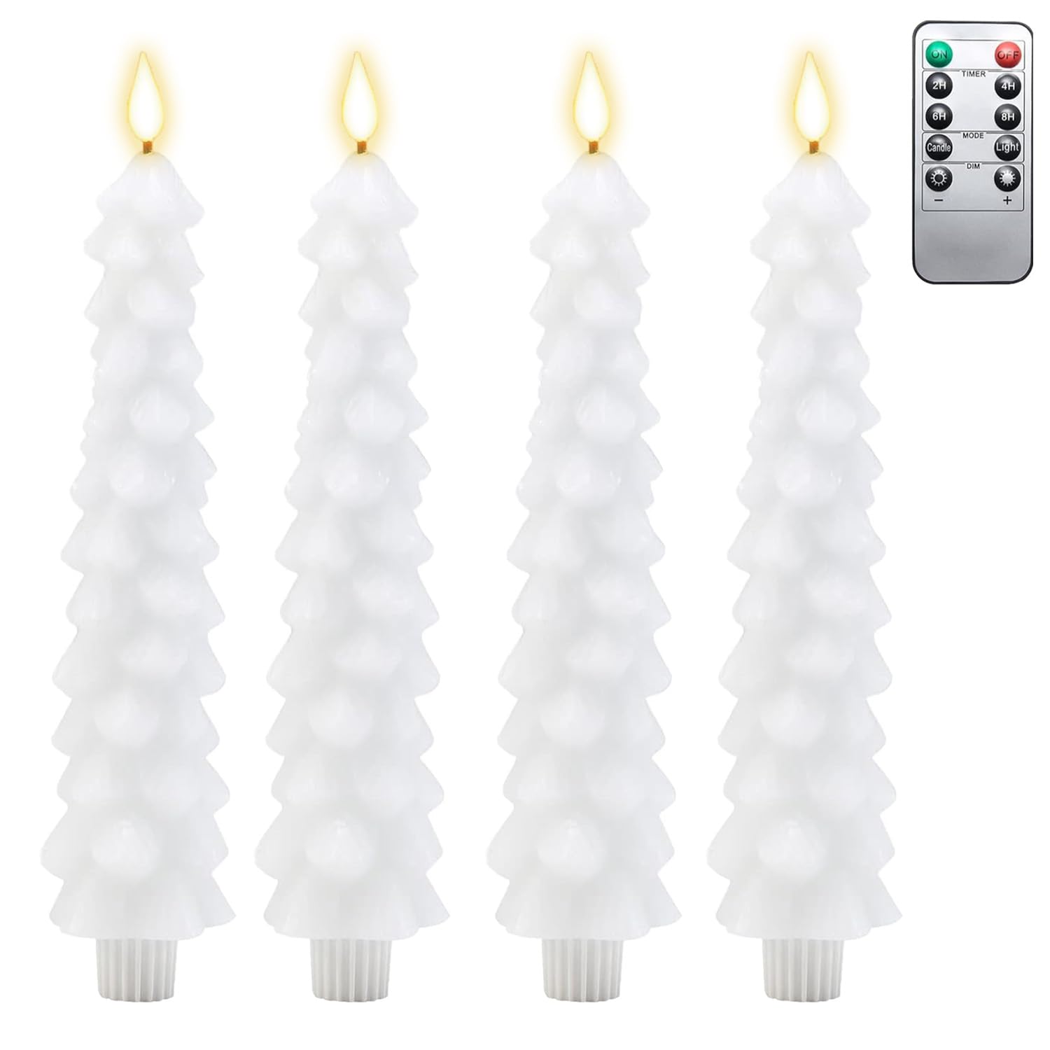 Set of 4 Christmas Tree Candles with Remote Control, Real Wax LED Battery Operated Flameless Fake Tapered Candles Flickering for Xmas Party Fireplace Table Decorations(Batteries Required) (white)