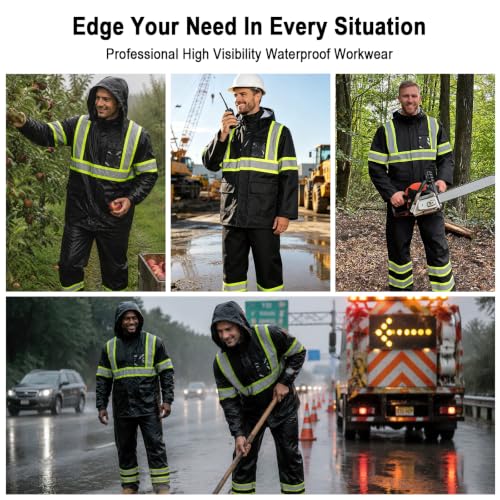 Image of TCCFCCT Hi Vis Rain Jacket for Men with Back Fabric, Black Top, 4XL-5XL