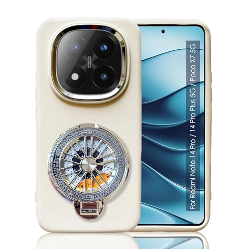 Image of KC Back Cover for Redmi Note 14 Pro 5G / 14 Pro Plus 5G - Electroplated Crome Metal Ring Soft Silicone Round Spinning Wheel Kickstand Holder Camera Protection Shockproof Bumper Case (White)