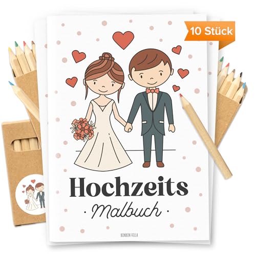 Hochzeitsmalbuch für Kinder, 10er Set mit Buntstiften, Kinderbeschäftigung Hochzeit, Gastgeschenk Hochzeit, Malbuch für Hochzeit