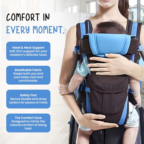 Image of LittleBoo New Born Baby Carrier Bag 4-in-1 Adjustable Baby Sitting Carrier Bag - Front & Back Carry with Head Support, Safety Belt & Buckle Straps for 0-24 Months (Black-Blue)