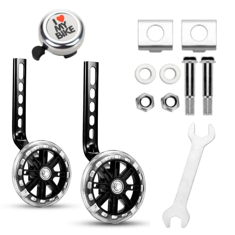 Bicycle Training Wheels for Kids Bike, Bike Stabilizers Support Wheel Mute Flash Wheels with Adjustable Bicycle Stabiliser Mounted Kit for Childs Bike, for 12 14 16 18 20 Inch Bikes