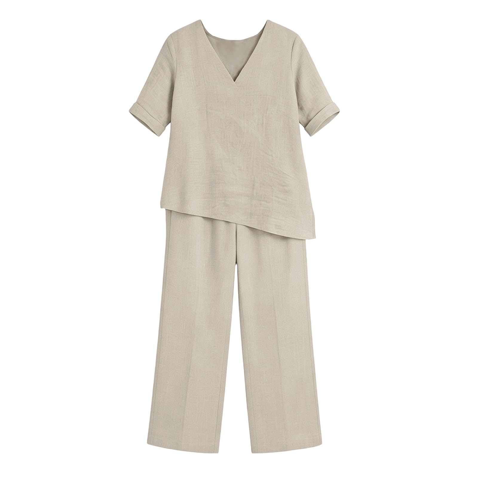 Leinenanzug Damen Sommer Atmungsaktive Hosenanzug Elegant 2 Teilig Zweiteiler V-Ausschnitt Leinenbluse und Hose 2 Teiler Elegant Hosenanzüge Baumwolle Leinen Jogginganzug Freizeit Anzug Tracksuit