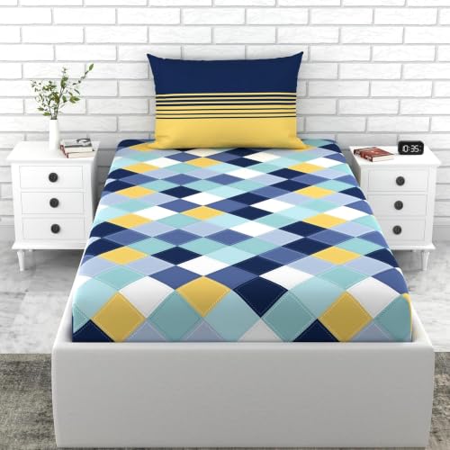 Image of LORETO - A QUALITY LINEN BRAND 144 TC 100% Pure Cotton Single Fitted Bedsheet with 1 Pillow Cover for 72 x 36 Inch Mattress, All-Around Elastic, 8 Inch Deep Pocket, Vivid Blue and Yellow Checkered