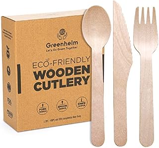 300Pcs Wooden Disposable Cutlery Sets - 100 Forks, 100 Knives, 100 Spoons - Biodegradable Compostable Plastic-Free - for Parties, Picnic Camping, BBQ Wedding- Reusable Tableware Dining Recycling Eco