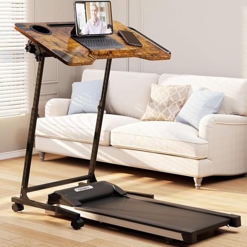 ikkle Bike Trainer Desk with Wheels, Adjustable Treadmill Desk, Rolling Standing Desk for Walking Pad Laptop, Phone Standing, Brown Wood