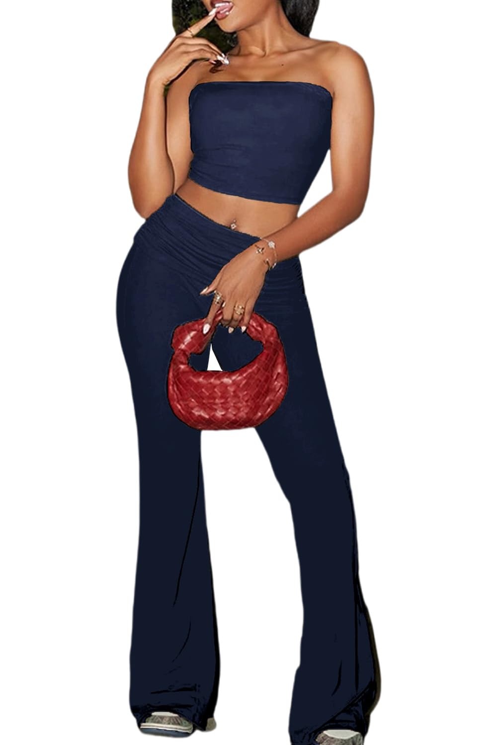 Sexy Women's 2 Piece Lounge Sets Pajama Outfits Casual yoga Crop tube Top High Waist Wide Leg Foldover Flare Pants