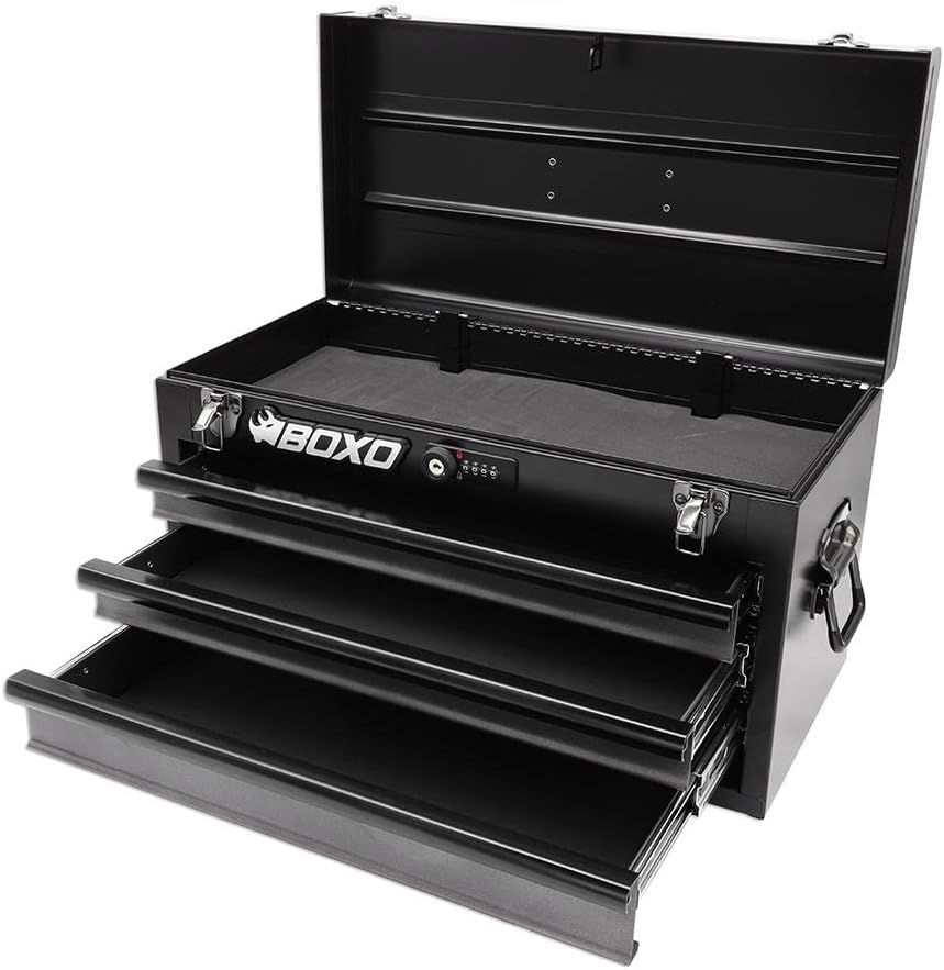 USA 3-Drawer Hand Carry Toolbox โ Heavy Duty 20-Gauge Steel Portable Tool Box with Ball Bearing Drawers, Dual Key & Combination Lock, Powder-Coated Finish (Black)