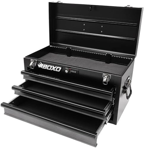 Miniatura 2 de Boxo USA - Caja de herramientas de acero resistente de 3 cajones, organizador portátil de mano con deslizadores de rodamientos de bolas, llave