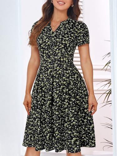 Image of YATHON Womens Elegant Print Notched Neck Slant Pocket Pleated Hem Casual A-Line Dress