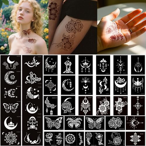 Temporary Tattoo Stencils Kit 40 Sheets Henna Adhesive Body Art Stencils for Women Man Face Body Paint DIY Art Reusable Glitter Tattoo Stencils Pack
