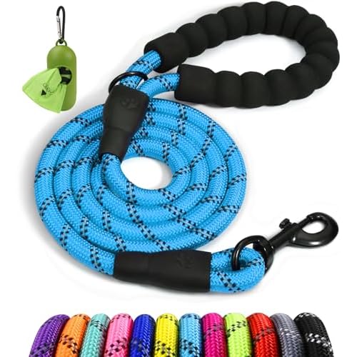 Taglory Rope Dog Leash 6 FT with Comfortable Padded Handle, Highly Reflective Threads Leash and Anti-Tangle Clip for Walking Medium Large Dogs, 1/2 inch, Blue