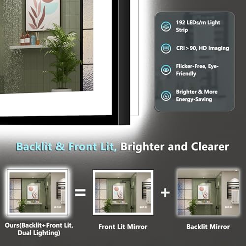 Image of 48x30 Black Framed LED Bathroom Mirror with Lights, Backlit and Front Lit Anti-Fog Lighted Vanity Mirrors for Bathroom Wall, Dimmable, 3 Colors, Memory, HD Tempered Glass, Horizontal /Vertical