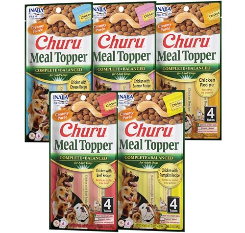 INABA Churu Meal Topper for Dogs, Complete & Balanced, Creamy, Lickable Purée Dog Food Topper, 0.5 Ounce Tube, 20 Tubes (4 per Pack), 5 Flavor Variety