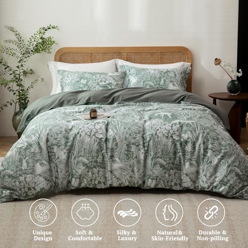 MILDLY King Size Duvet Cover Set 100% Long-Staple Cotton Luxury Green Floral Patten Reversible Comforter Cover Set 3Pcs