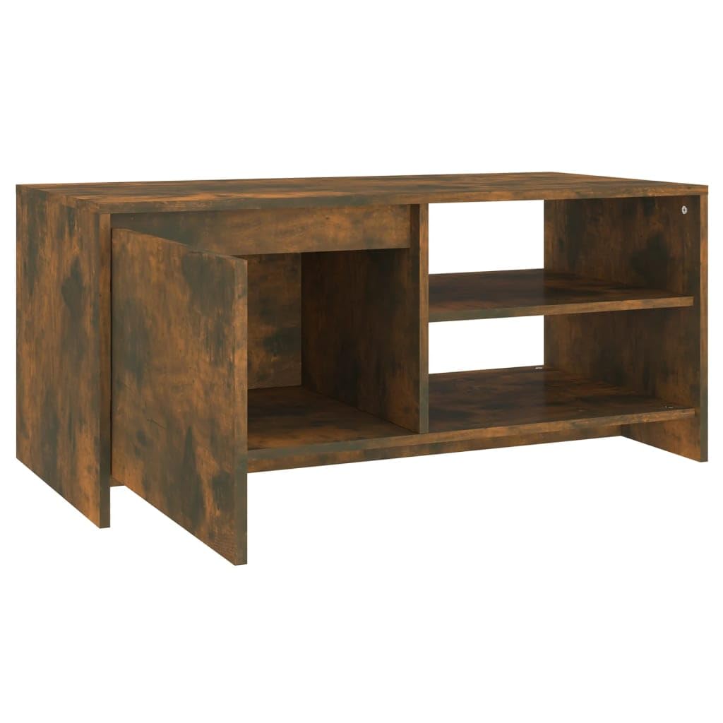 Mesa de centro de roble ahumado, 102 x 50 x 45 cm, de material de madera, moderna mesa de salón con espacio de almacenamiento, estantes, puerta, duradera, fácil de limpiar, ideal para salón